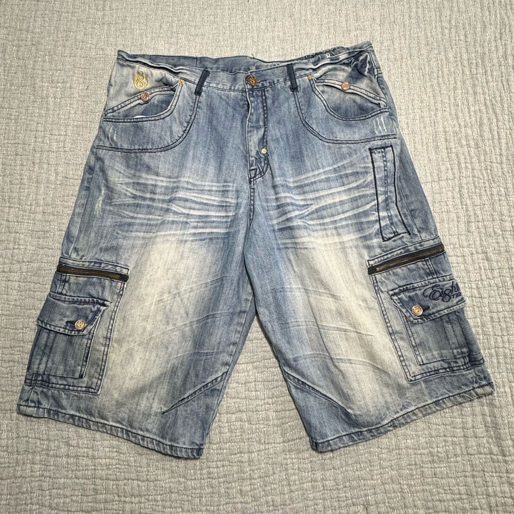 8732 EMBROIDERED Y2K 90s JEAN SHORTS Young Jeezy HIP HOP SKULL BAGGY 42 x 15.5 - Picture 2 of 11